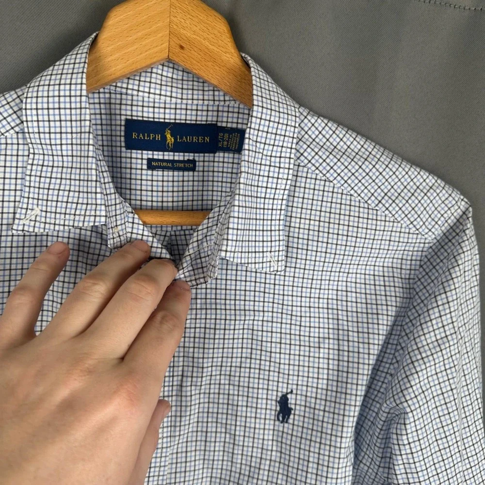 Ralph Lauren Natural Stretch Button Down Shirt Blue White Check XL Boys/Mens XS